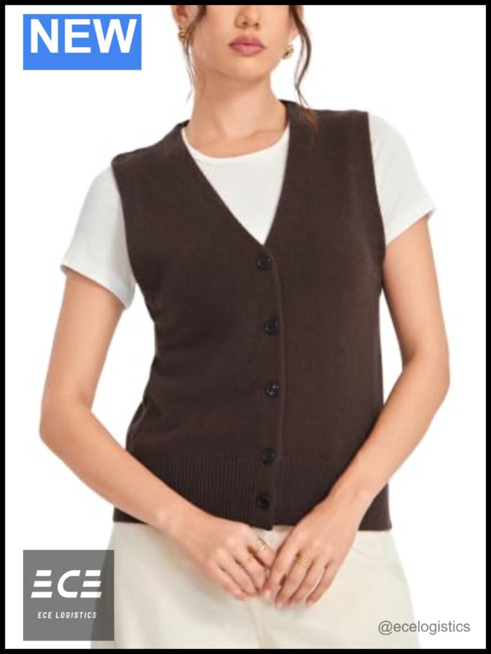 GOTS Certified 100% Wool Button Down Sweater Vest V-Neck Sleeveless Knit Top